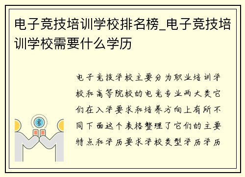 电子竞技培训学校排名榜_电子竞技培训学校需要什么学历